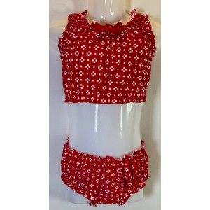 Hanna Andersson Swimsuit Red White Square Checkered Girls Two Piece Size 80cm 2T
